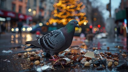 Obraz premium a pigeon surrounded by food scraps on a city street