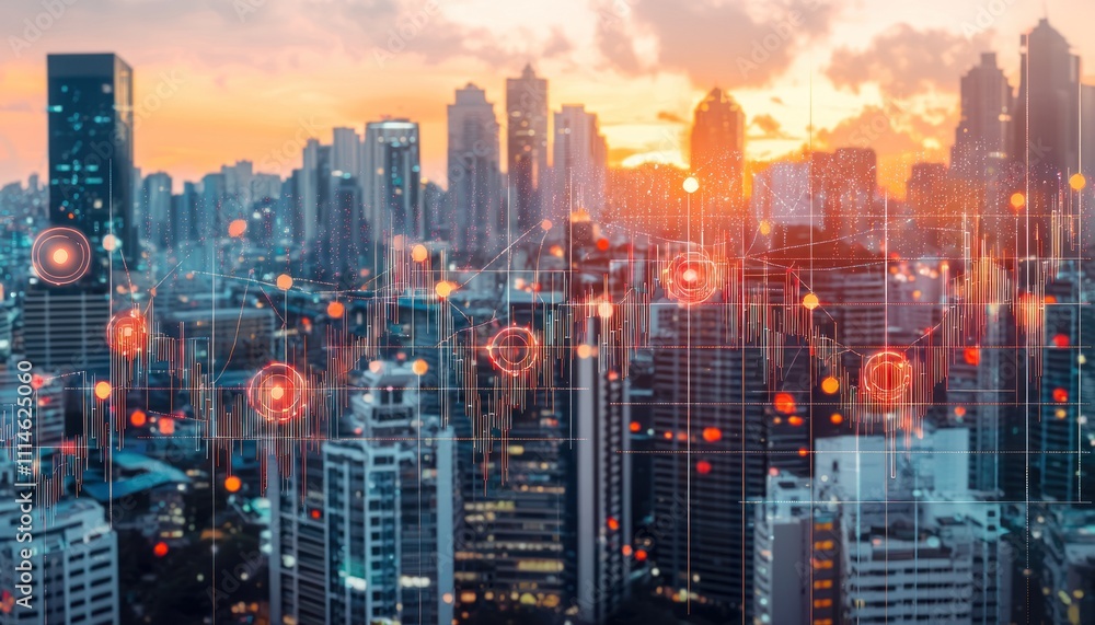 Poster abstract cityscape with glowing lines and circles during a sunset.