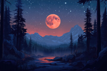full moon night scene vector illustrations 