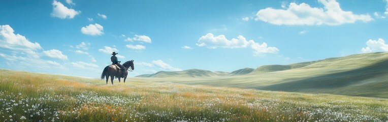 A rider on horseback enjoys the beauty of vast prairies under a blue sky filled with fluffy clouds during a sunny day
