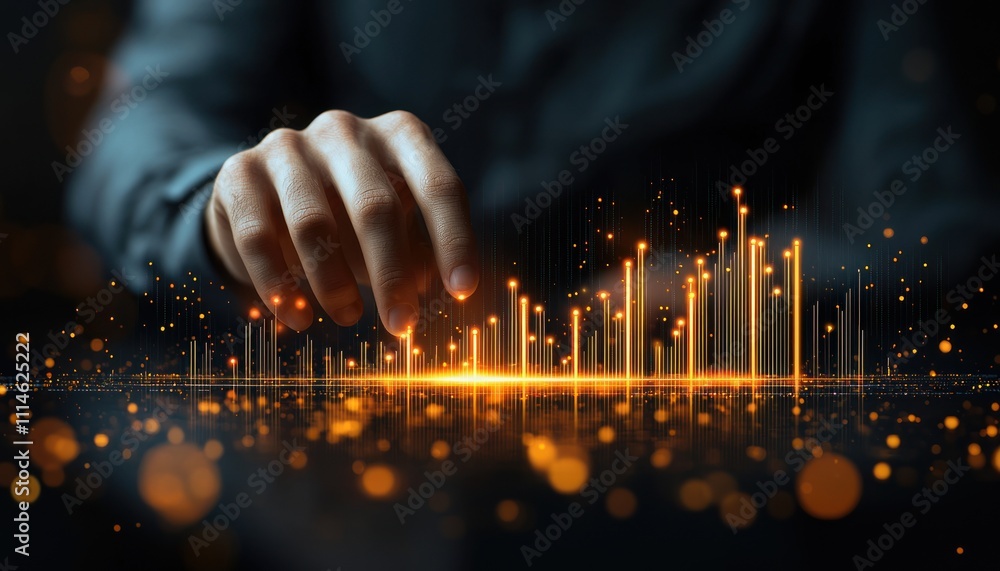 Aufkleber hand interacting with glowing digital bars and bokeh