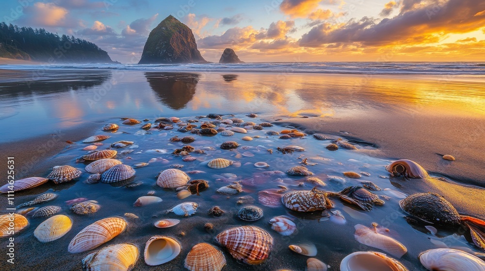 Poster sunset over haystack rock with colorful seashells scattered on the sandy shore at cannon beach
