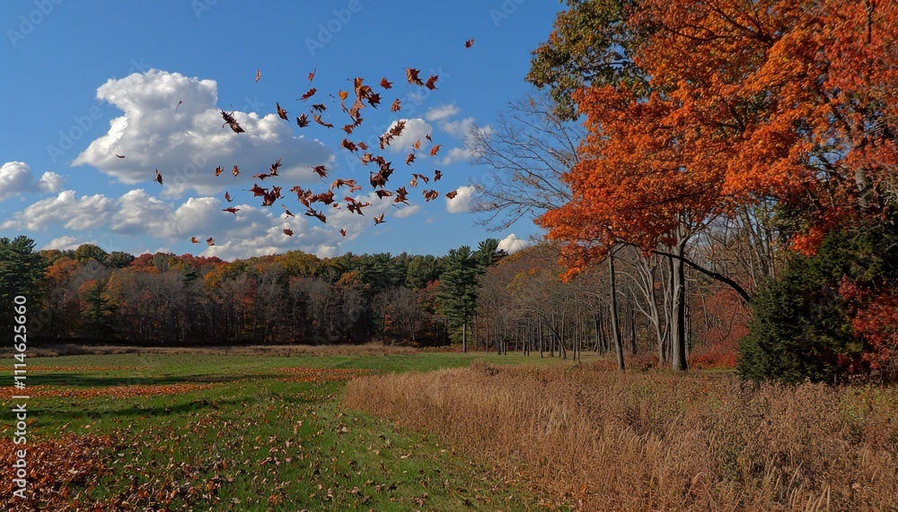 Poster autumn leaves falling over a field with trees in the background