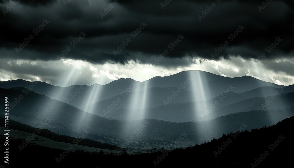 Aufkleber light beams piercing through dark clouds above a mountain range