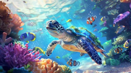 Obraz premium Charming Cartoon Turtle Smiling Happily in a Vibrant Underwater Scene with Colorful Coral and Playful Fish, Perfect for Children's Illustrations and Educational Materials