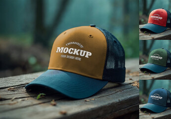 Colorizable Trucker Cap Mockup with Embroidery Effect on an Outdoor Rustic Wood Table