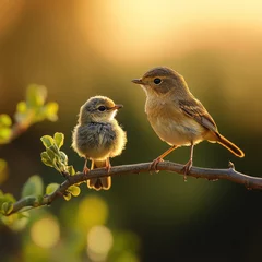 Poster de jardin  a small bird and its baby perched beside it on a branch  © fabrian