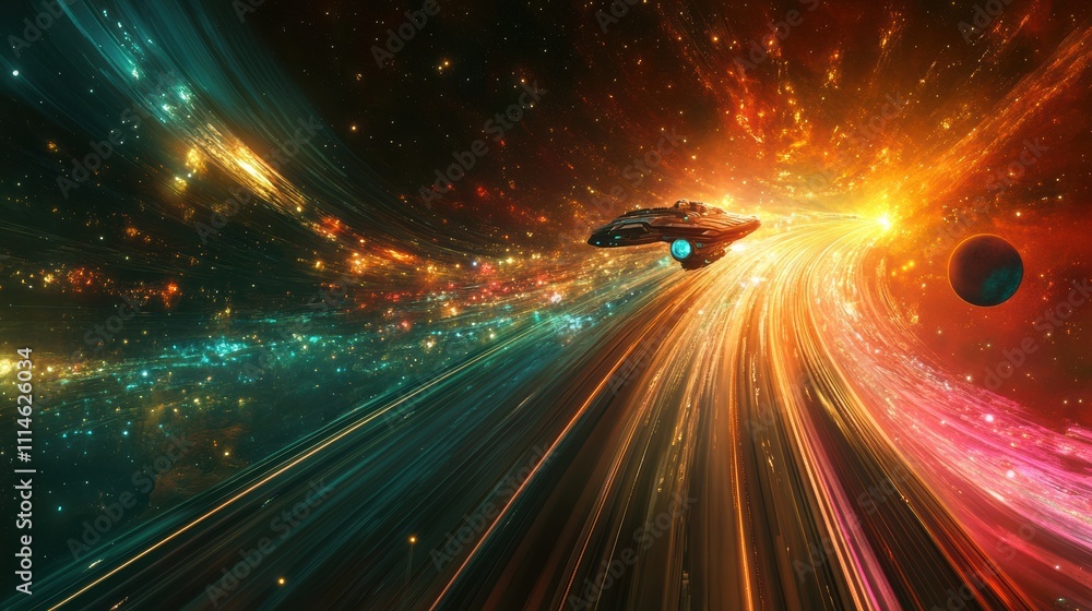 Poster a dynamic spaceship navigates colorful cosmic trails in a vibrant galaxy during an interstellar jour
