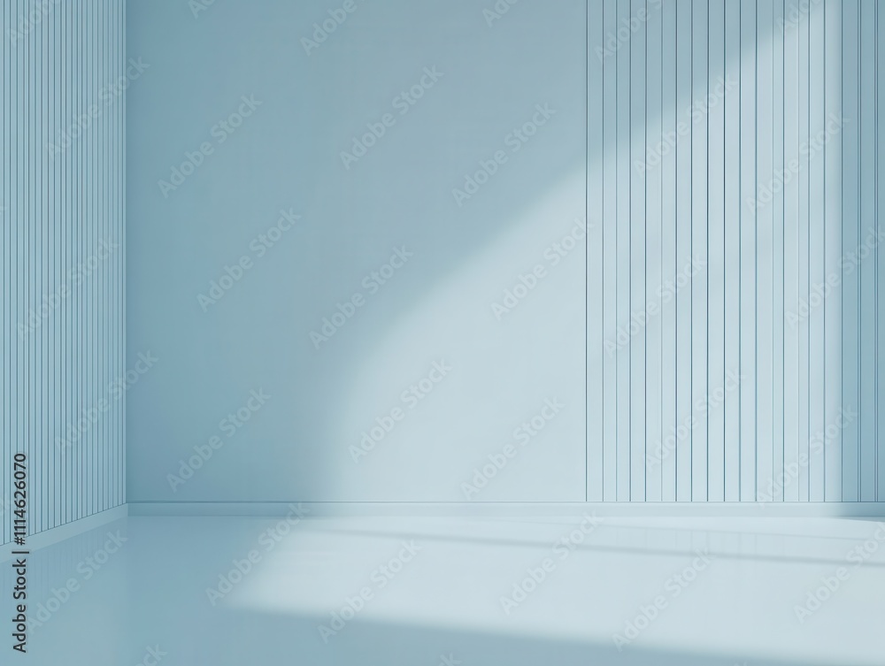Poster a minimalist design featuring a pale blue backdrop and soft shadows in a spacious interior setting
