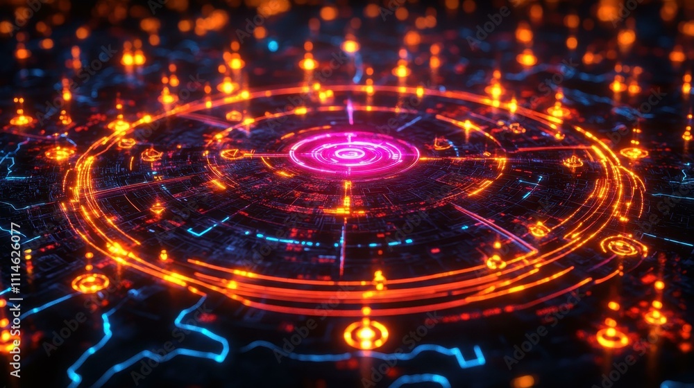 Poster virtual reality interface. futuristic digital interface with glowing orange and pink circular data v