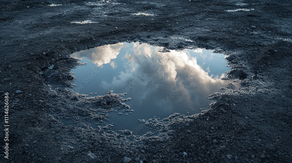 Poster reflection of clouds in a puddle on a gravel surface