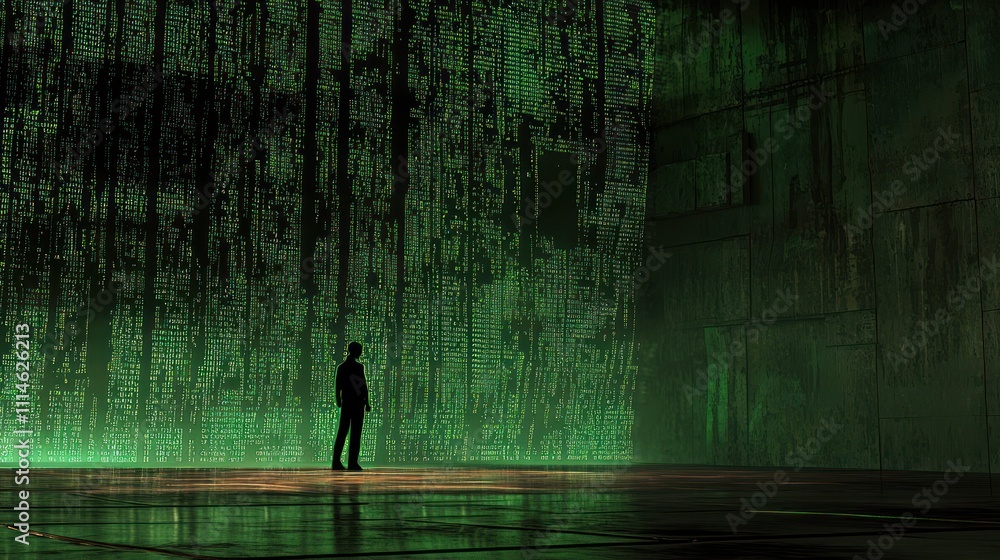 Poster silhouette of a person standing before a wall of green code