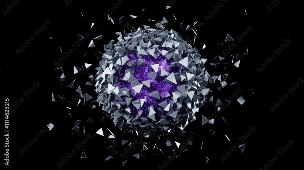 Poster exploding sphere of metallic triangles with purple core on black background.