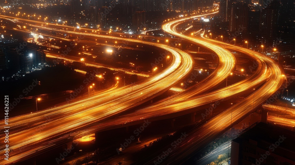 Poster aerial view of a vibrant nighttime highway reflecting city lights with winding traffic patterns in a