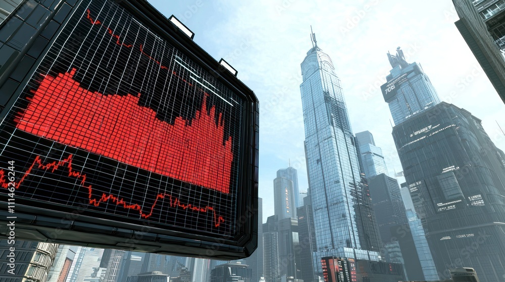 Poster a large digital stock ticker displaying a red downtrend in a futuristic cityscape