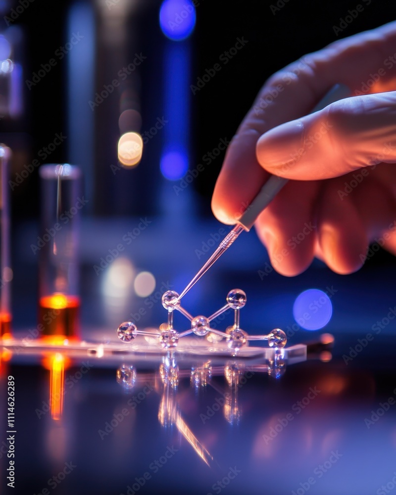 Poster a scientist's hand manipulating molecular models in a laboratory environment during a research sessi