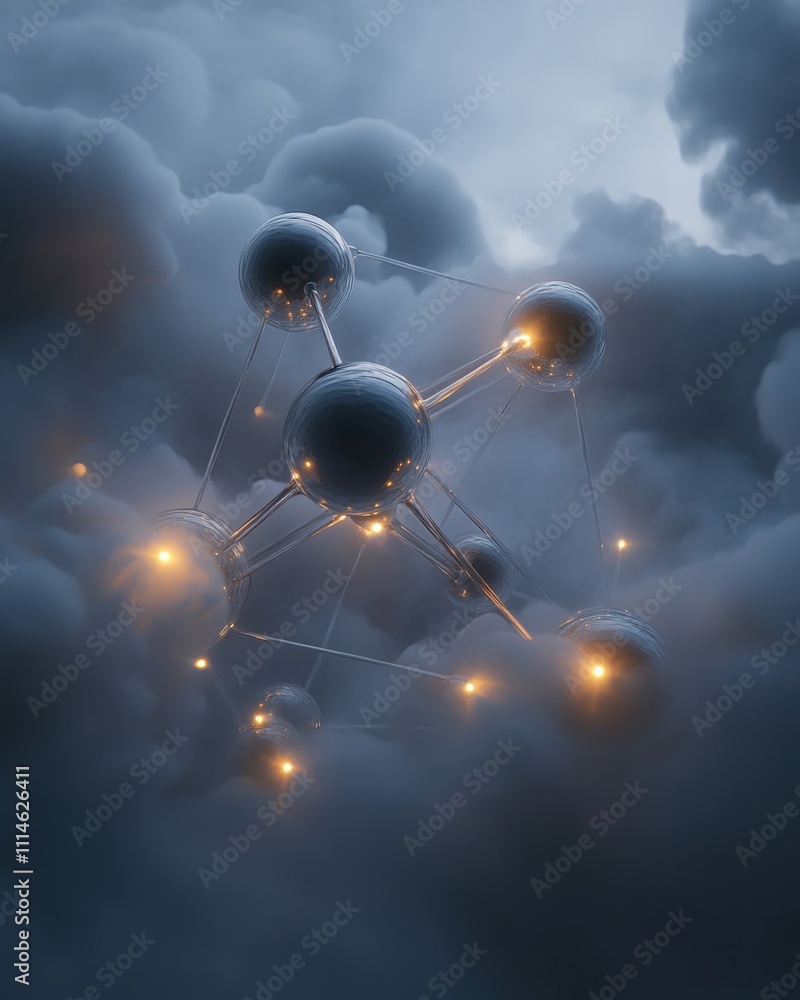 Poster a mesmerizing artistic depiction of molecular structures floating through a mystical cloud-filled sk