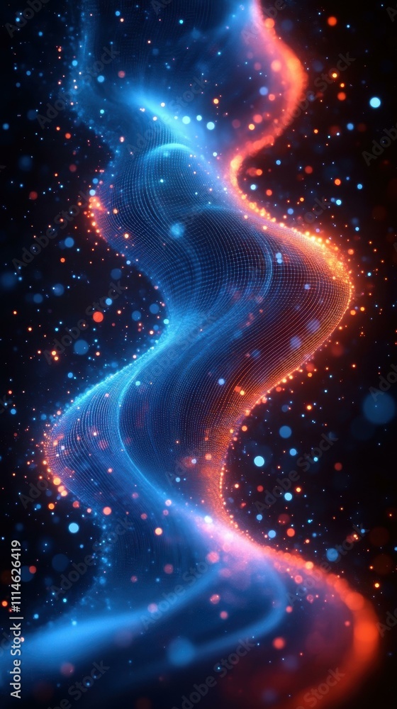 Poster the blue and orange dynamic digital illustration with undulating lines dots and waveforms in vibrant