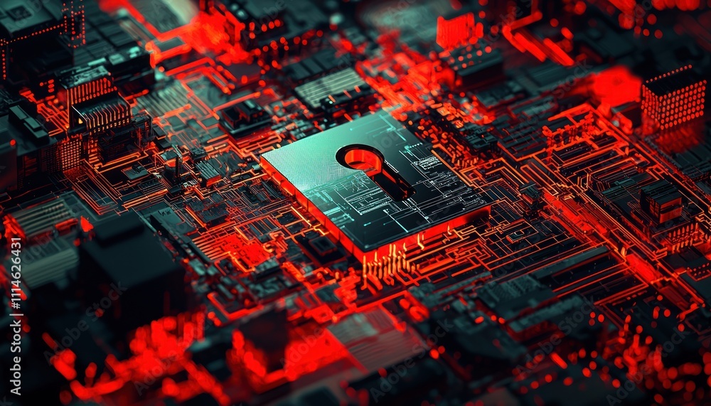 Poster A Keyhole Embedded in a Circuit Board, Glowing with Red Light