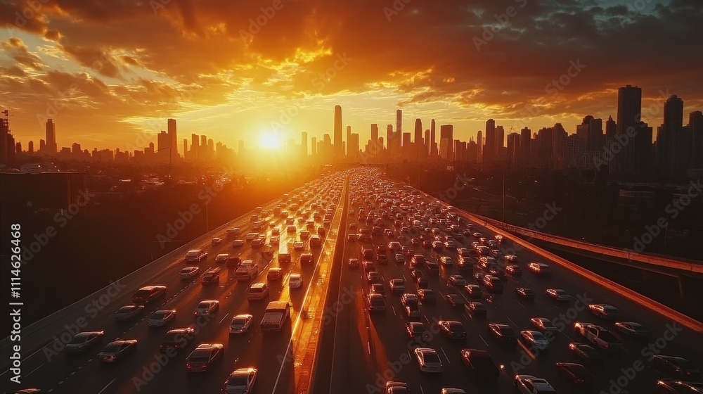 Poster aerial view of heavy traffic on a busy highway at sunset with a city skyline in the background