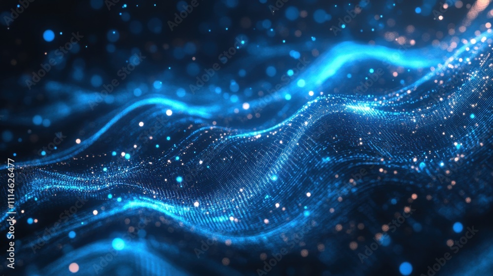 Poster abstract digital waves with glowing particles flowing in a high-tech environment at night