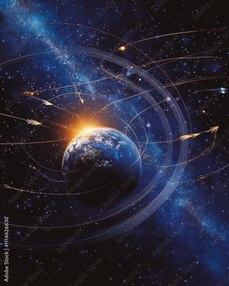 Poster a detailed graphic representation of earth in space showcasing its rotation with celestial trajector