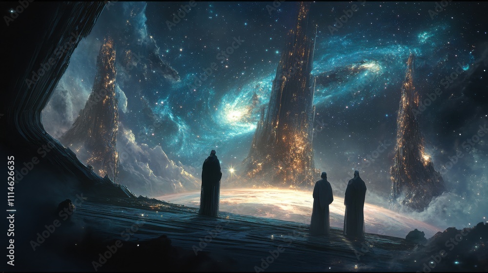 Poster Ethereal figures observe a cosmic landscape with distant towers and swirling galaxies in a mystical twilight setting