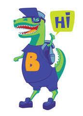 Dinosaur teenager wear t shirt and gap, sunglasses. T-rex Danger power. School Dino Vector illustration for boy clothes.