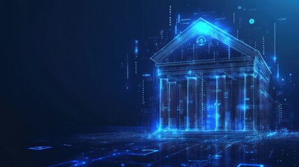 Obraz premium Digital Bank Building in a Blue Digital World