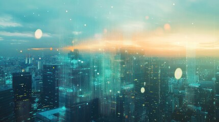 Fototapeta premium A digital cityscape at sunset, blending nature and technology through a futuristic lens.