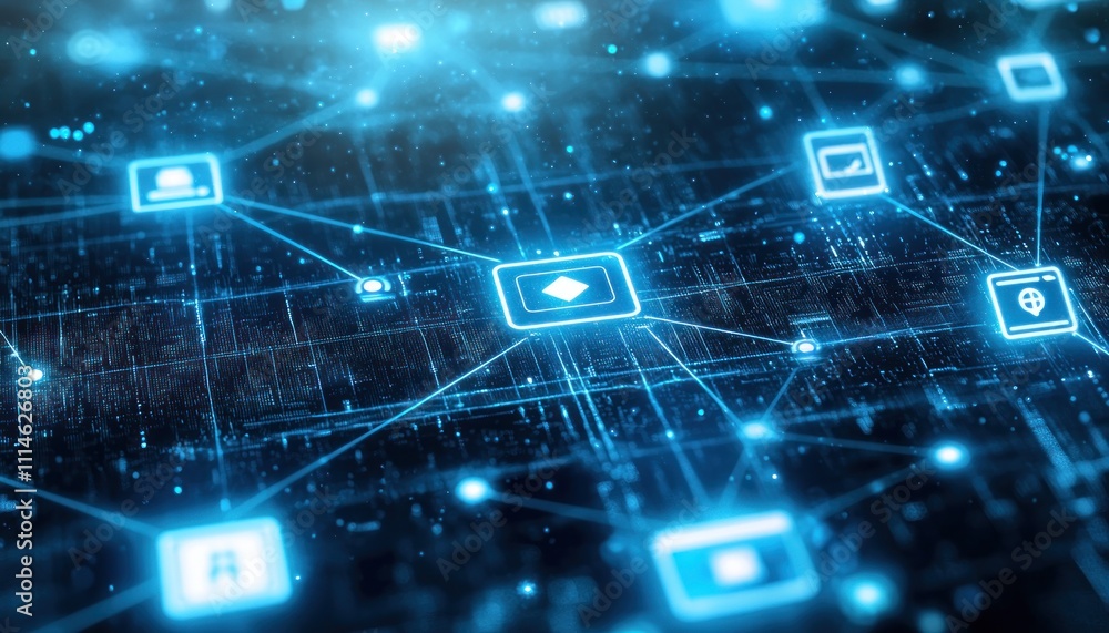 Poster abstract digital network with glowing blue icons and lines
