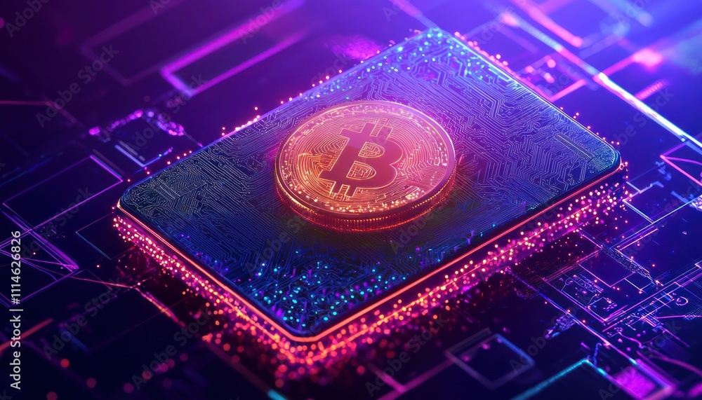 Poster a golden bitcoin coin on a neon-lit circuit board