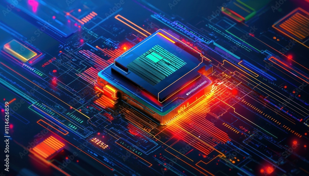 Poster A Futuristic Circuit Board with a Glowing Processor