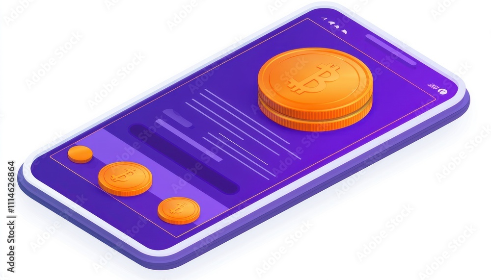 Poster isometric smartphone with bitcoin cryptocurrency on screen