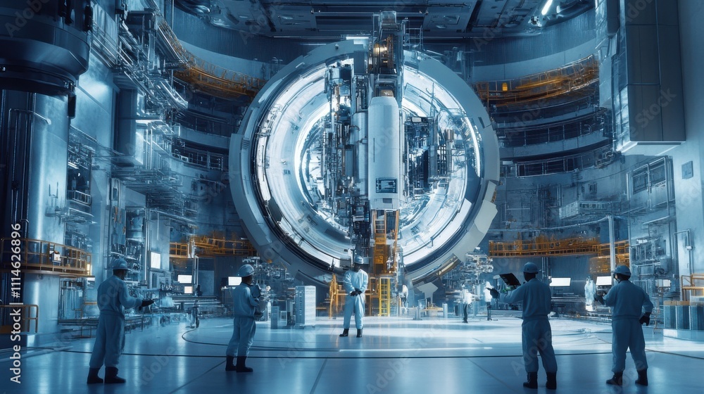 Poster futuristic nuclear fusion reactor with scientists observing advanced energy generation technology in