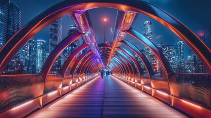 Obraz premium A vibrant futuristic pedestrian bridge illuminated at night in a bustling city skyline