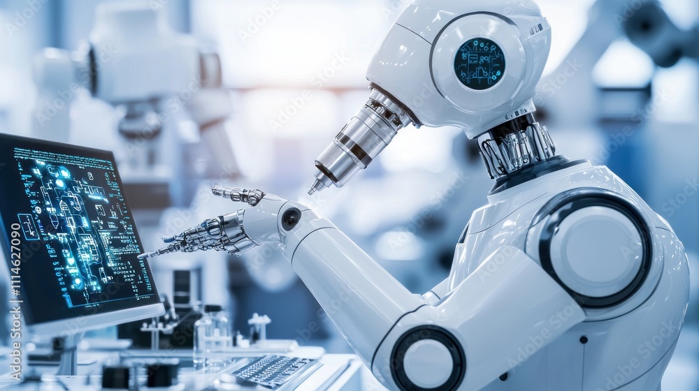 Poster A White Robotic Arm Interacting with a Computer in a Laboratory Setting