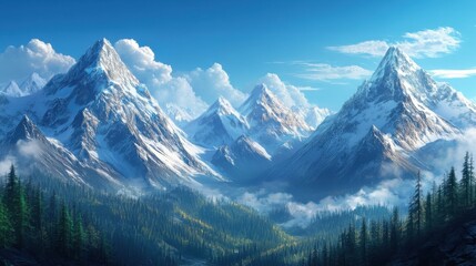 Obraz premium Breathtaking view of snow-capped mountains bathed in sunlight during a clear day with lush green forests below