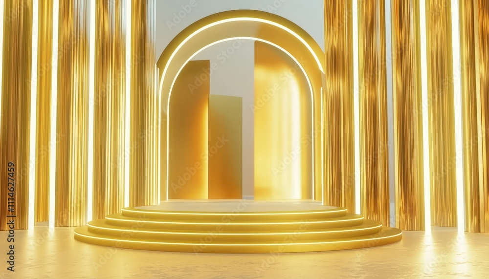 Poster Golden Archway with Illuminated Platform and Vertical Panels