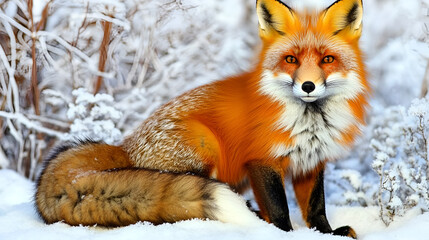 Obraz premium Vibrant Red Fox Sitting in Snowy Landscape with Fluffy Tail Surrounded by Frosty Vegetation and Gentle Winter Light