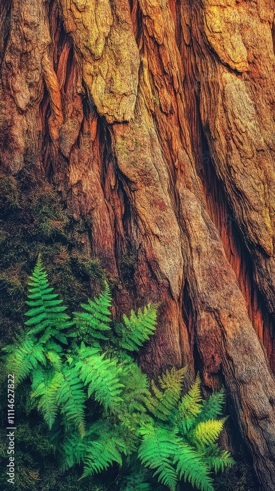 Poster close-up of textured bark on a giant tree with ferns in a forest during daylight, showcasing nature'