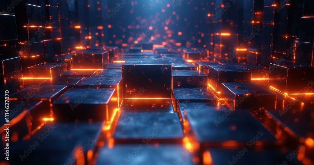 Poster a creative composition dynamic design featuring illuminated cubes and neon lights creating a futuris