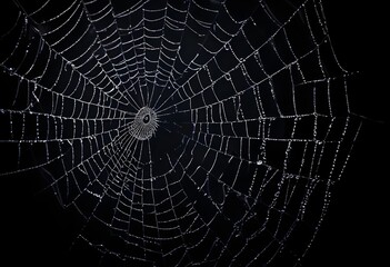 A detailed spider web with intricate patterns against a dark background