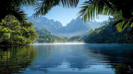 Obraz premium A calm lagoon reflecting the surrounding tropical jungle, with the morning mist lingering over the water.