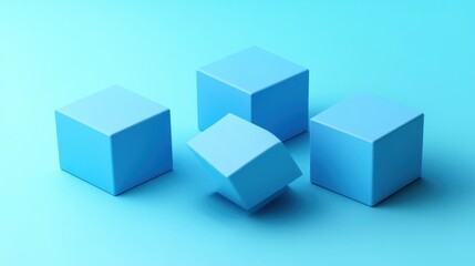 Fototapeta premium Four light blue cubes on a light blue background, one tilted.