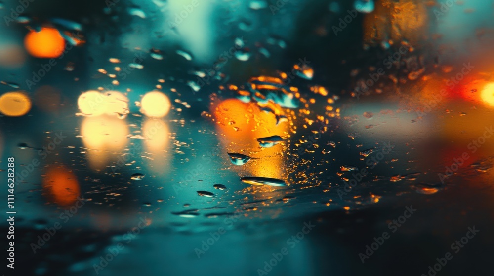 Poster a close-up of a raindrop falling on a wet surface during a vibrant urban evening in warm, soft light