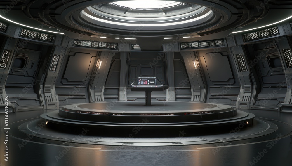 Poster futuristic interior with a circular platform and a console