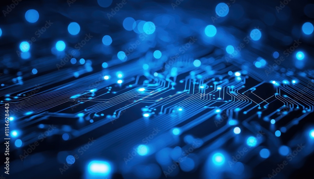 Poster closeup of a blue illuminated circuit board with blurred lights