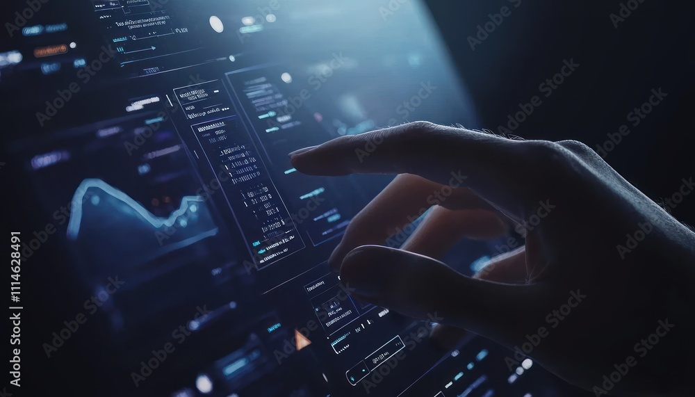 Poster hand interacting with a futuristic digital interface
