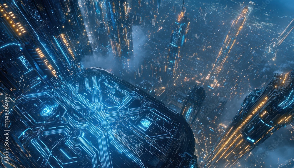 Poster futuristic cityscape with glowing blue lines and structures